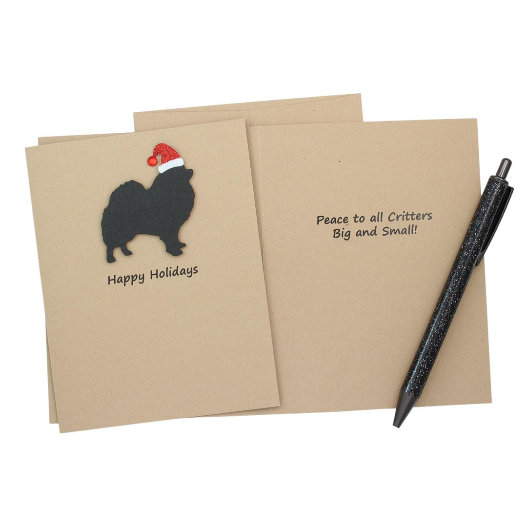 Pomeranian Pomchi Christmas Cards Pack of 10 | Pet Holiday Notecards | Black White Dog Greeting with Santa hat | Kraft Brown