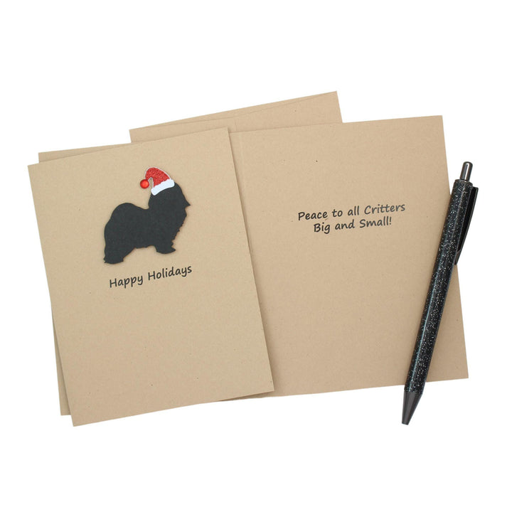 Havanese Christmas Cards Pack of 10 | Pet Holiday Notecards | Black White Dog Greeting with Santa hat | Kraft Brown