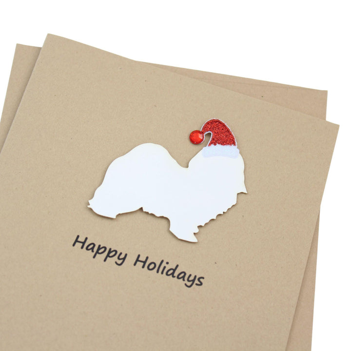 Havanese Christmas Cards Pack of 10 | Pet Holiday Notecards | Black White Dog Greeting with Santa hat | Kraft Brown