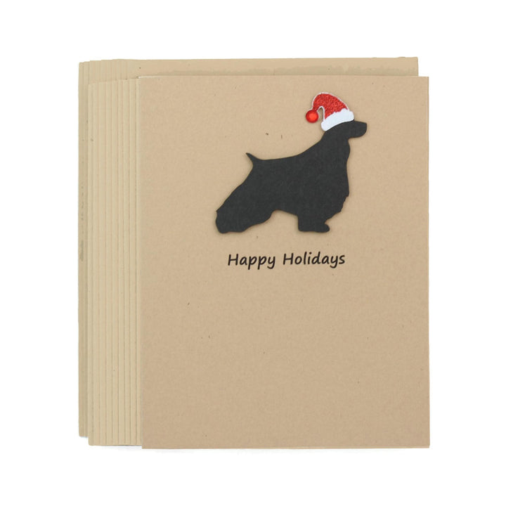 English Springer Spaniel Christmas Cards Pack of 10 | Pet Holiday Notecards | Black Brown Dog Greeting with Santa hat | Kraft Brown