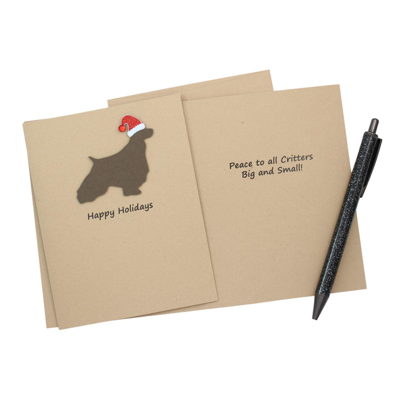 English Springer Spaniel Christmas Cards Pack of 10 | Pet Holiday Notecards | Black Brown Dog Greeting with Santa hat | Kraft Brown