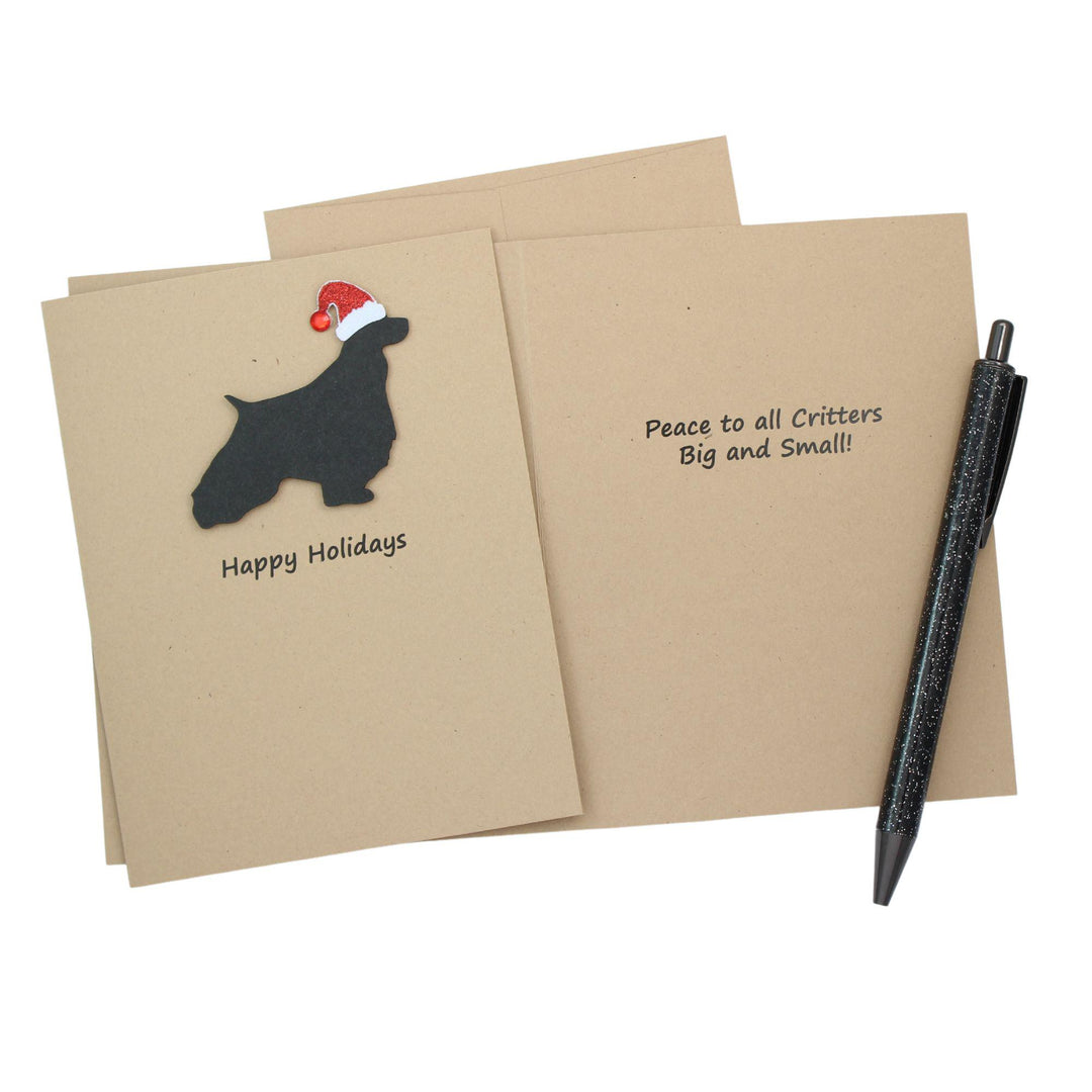 English Springer Spaniel Christmas Cards Pack of 10 | Pet Holiday Notecards | Black Brown Dog Greeting with Santa hat | Kraft Brown