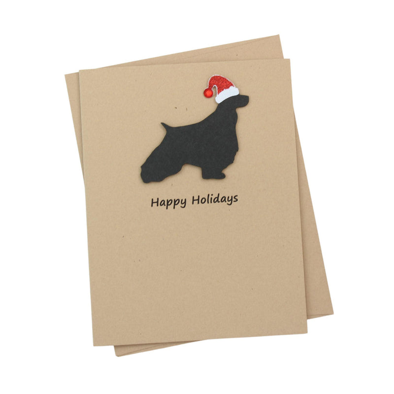 English Springer Spaniel Christmas Cards Pack of 10 | Pet Holiday Notecards | Black Brown Dog Greeting with Santa hat | Kraft Brown