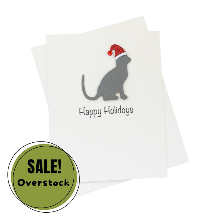 Gray Cat Christmas Cards Pack of 10 White Base | Handmade Kitty Holiday Notecard Set | Sparkly Santa Hat Pet Greeting with Envelopes