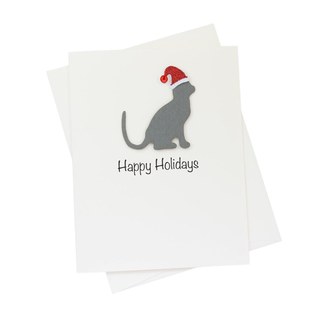 Gray Cat Christmas Cards Pack of 10 White Base | Handmade Kitty Holiday Notecard Set | Sparkly Santa Hat Pet Greeting with Envelopes