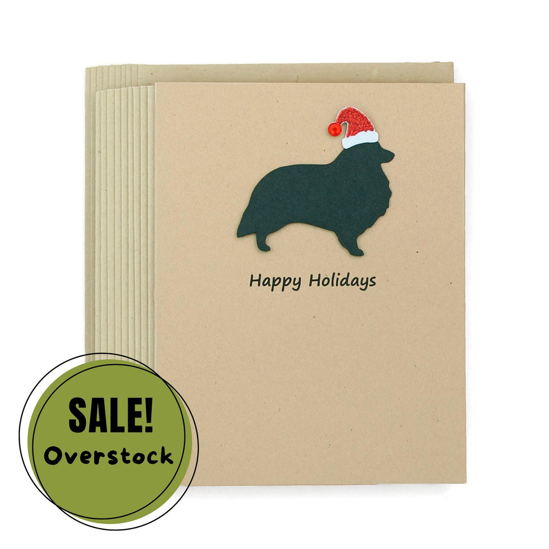 Shetland Sheepdog Christmas Cards Pack of 10 | Handmade Black Dog Silhouette Holiday Sheltie | Sparkly Santa Hat Pet Notecards Kraft Brown