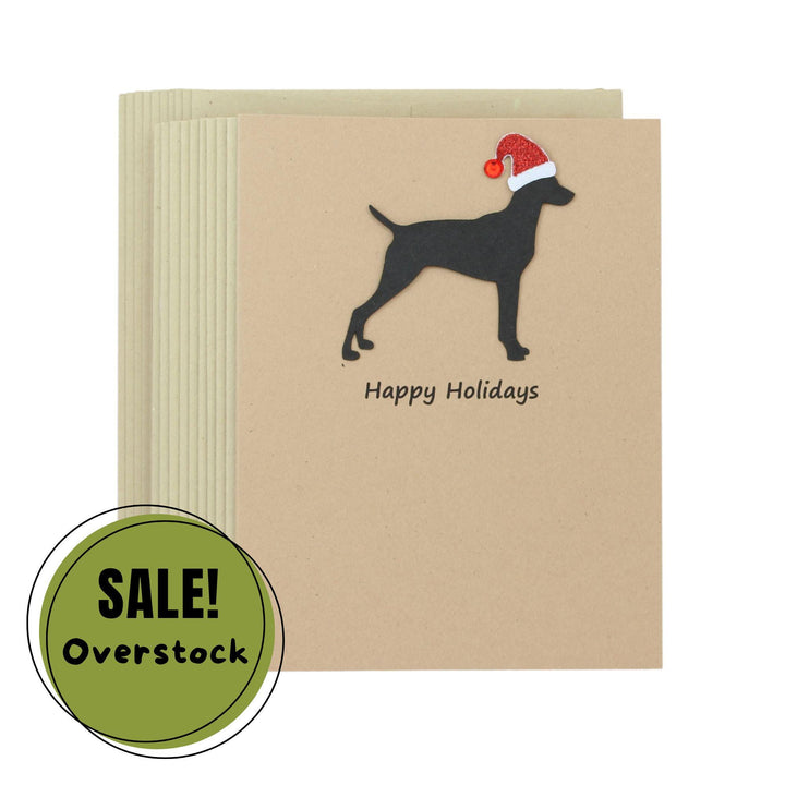 Vizsla Christmas Cards Pack of 10 | Handmade Black Dog Silhouette Holiday | Sparkly Santa Hat Pet Notecards Kraft Brown