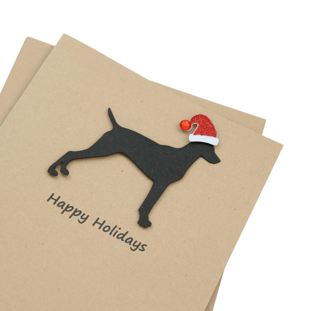 Vizsla Christmas Cards Pack of 10 | Handmade Black Dog Silhouette Holiday | Sparkly Santa Hat Pet Notecards Kraft Brown