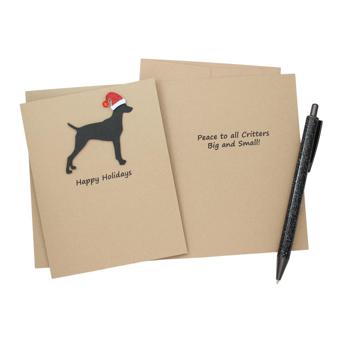 Vizsla Christmas Cards Pack of 10 | Handmade Black Dog Silhouette Holiday | Sparkly Santa Hat Pet Notecards Kraft Brown