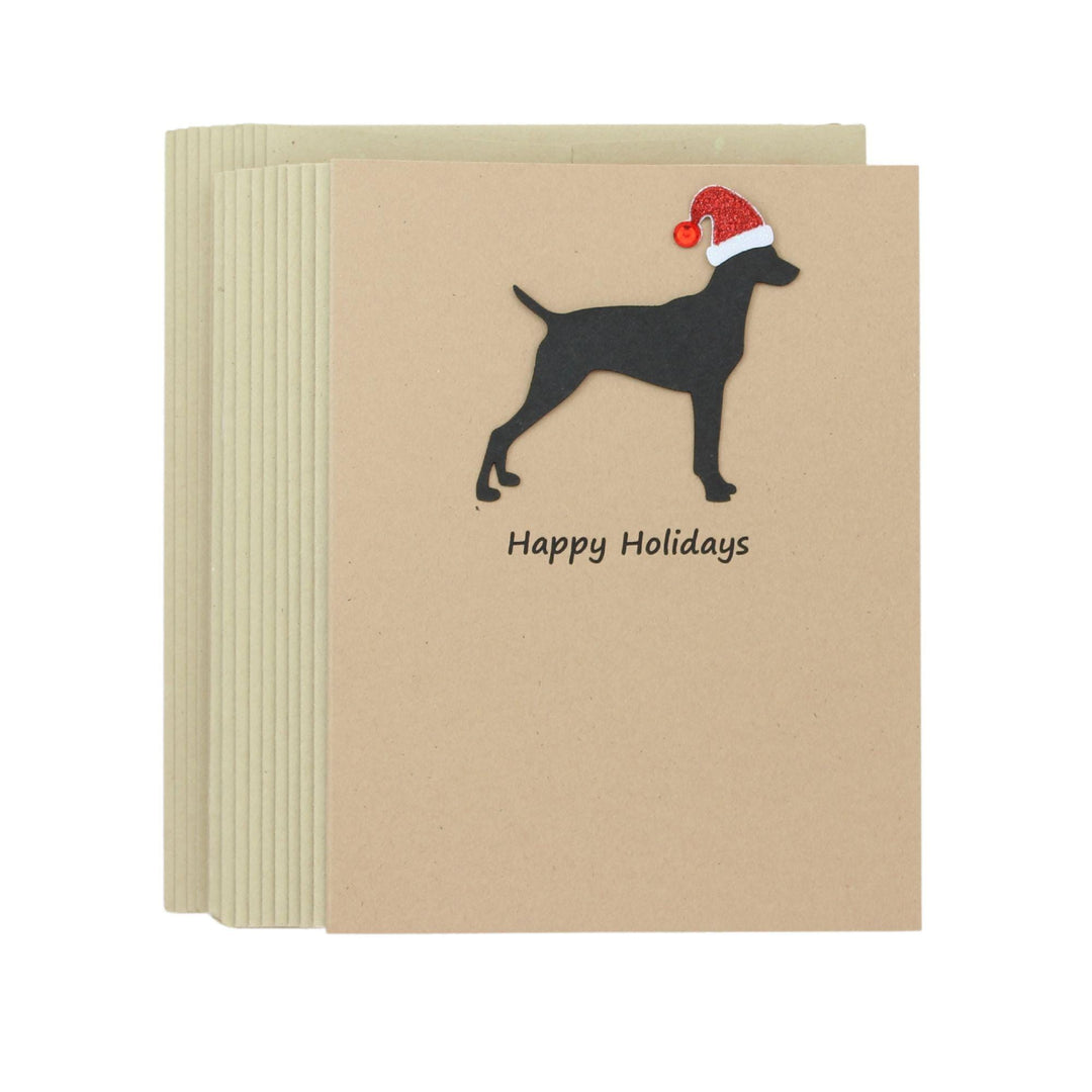 Vizsla Christmas Cards Pack of 10 | Handmade Black Dog Silhouette Holiday | Sparkly Santa Hat Pet Notecards Kraft Brown