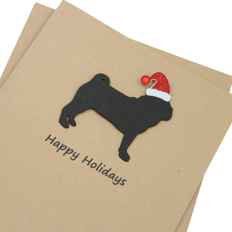 Pug Christmas Cards Pack of 10 | Handmade Black Dog Silhouette Holiday | Sparkly Santa Hat Pet Notecards Kraft Brown