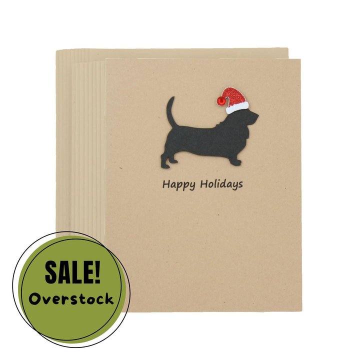 Basset Hound Christmas Cards Pack of 10 | Handmade Black Dog Silhouette Holiday | Sparkly Santa Hat Pet Notecards Kraft Brown