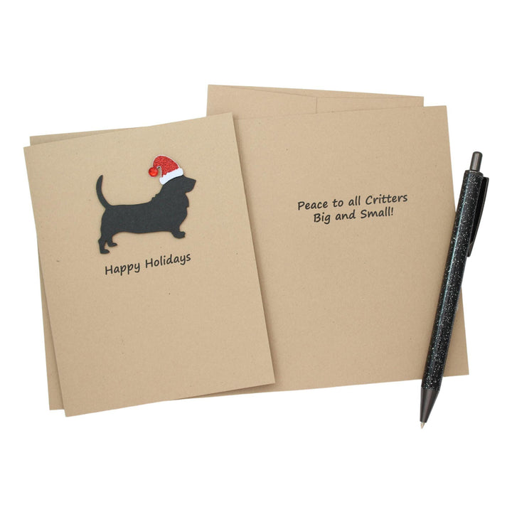 Basset Hound Christmas Cards Pack of 10 | Handmade Black Dog Silhouette Holiday | Sparkly Santa Hat Pet Notecards Kraft Brown