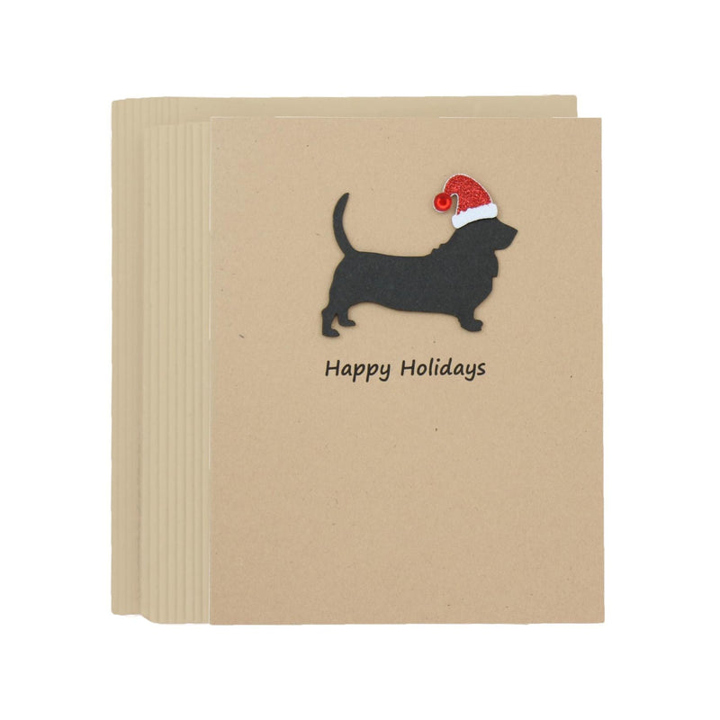 Basset Hound Christmas Cards Pack of 10 | Handmade Black Dog Silhouette Holiday | Sparkly Santa Hat Pet Notecards Kraft Brown