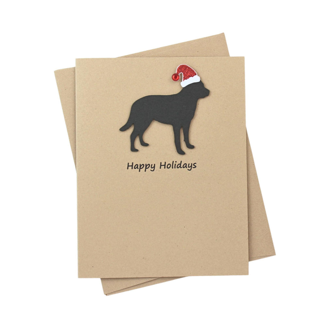 Mastiff Christmas Cards Pack of 10 | Handmade Black Dog Silhouette Holiday | Sparkly Santa Hat Pet Notecards Kraft Brown