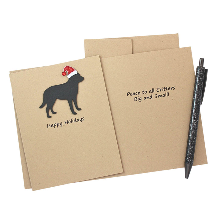 Mastiff Christmas Cards Pack of 10 | Handmade Black Dog Silhouette Holiday | Sparkly Santa Hat Pet Notecards Kraft Brown