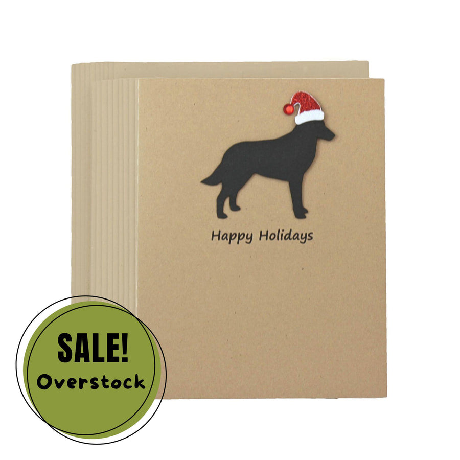 Belgian Malinois Christmas Cards Pack of 10 | Handmade Black Dog Silhouette Holiday | Sparkly Santa Hat Pet Notecards Kraft Brown