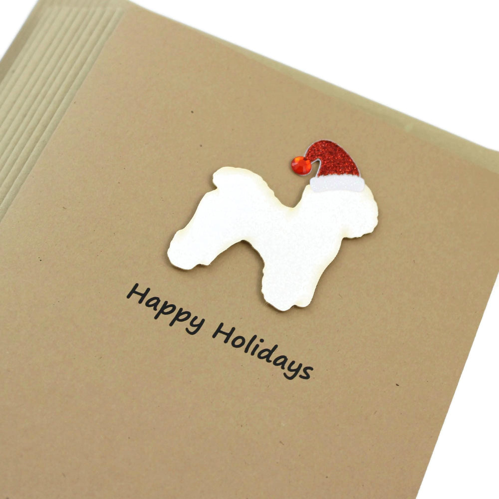 Bichon Frise Christmas Cards Pack of 10 | Handmade White Dog Silhouette Holiday | Sparkly Santa Hat Pet Notecards Kraft Brown