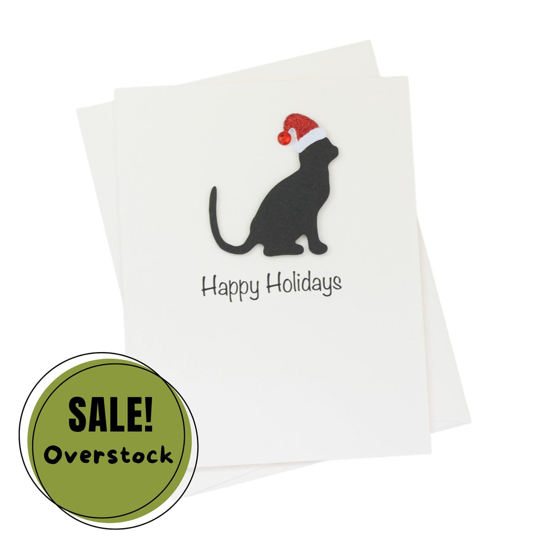 Black Cat Christmas Cards Pack of 10 White Base | Handmade Kitty Holiday Notecard Set | Sparkly Santa Hat Pet Greeting with Envelopes