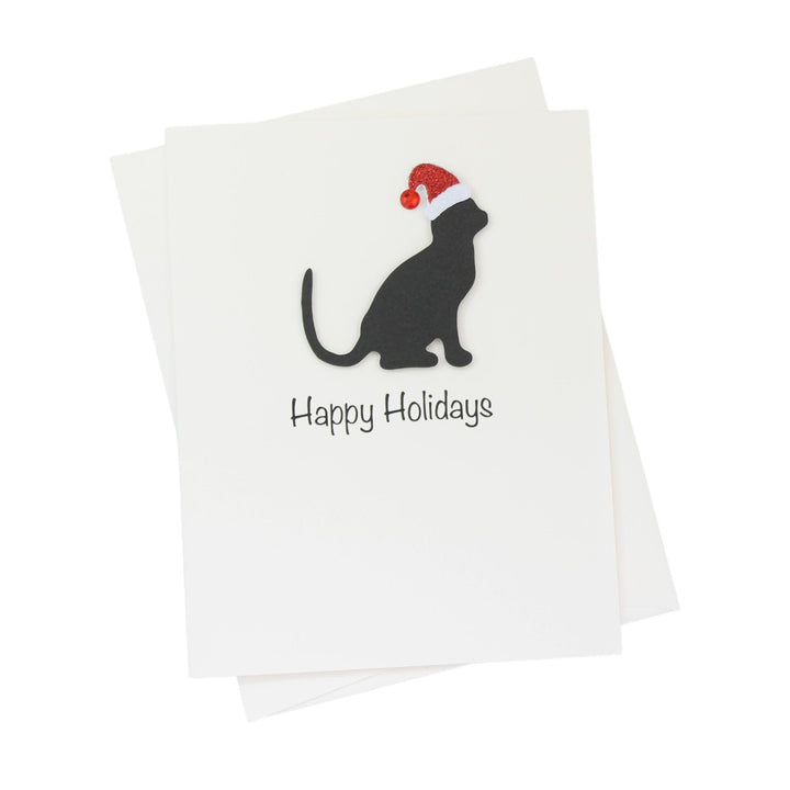 Black Cat Christmas Cards Pack of 10 White Base | Handmade Kitty Holiday Notecard Set | Sparkly Santa Hat Pet Greeting with Envelopes