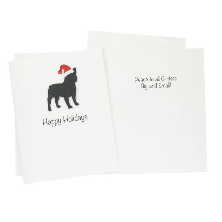 Black French Bulldog Frenchie Christmas Cards Pack of 10 White Base | Handmade Dog Holiday Notecard Set | Sparkly Santa Hat Greeting