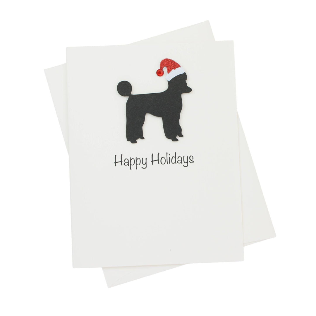 Black Poodle Sporting Clip Christmas Cards Pack of 10 White Base | Handmade Dog Holiday Notecard Set | Sparkly Santa Hat Greeting