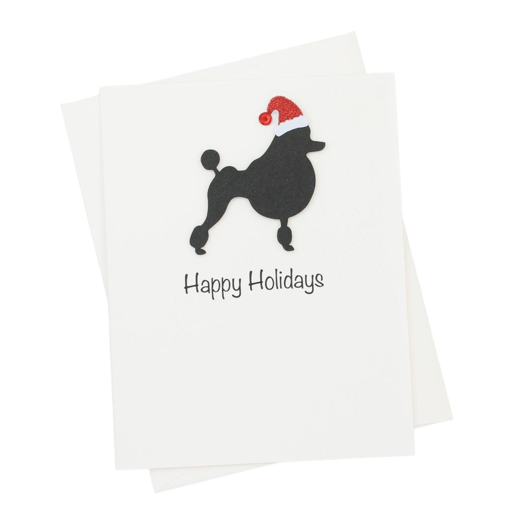 Poodle Continental Clip Christmas Cards Pack of 10 White Base | Handmade Dog Holiday Notecard Set | Sparkly Santa Hat Greeting Boxed Set