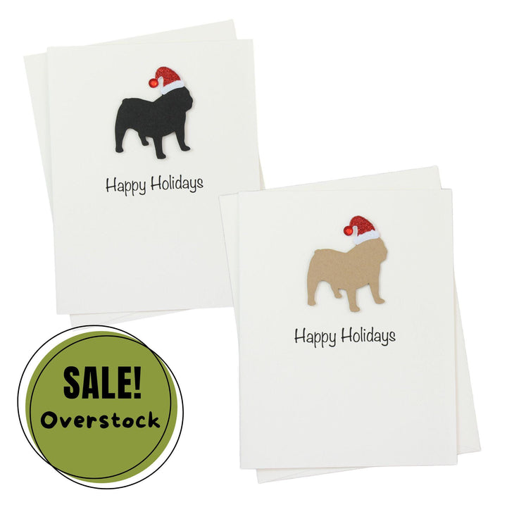 Bulldog English Christmas Cards Pack of 10 White Base | Handmade Dog Holiday Notecard Set | Sparkly Santa Hat Greeting Boxed Set