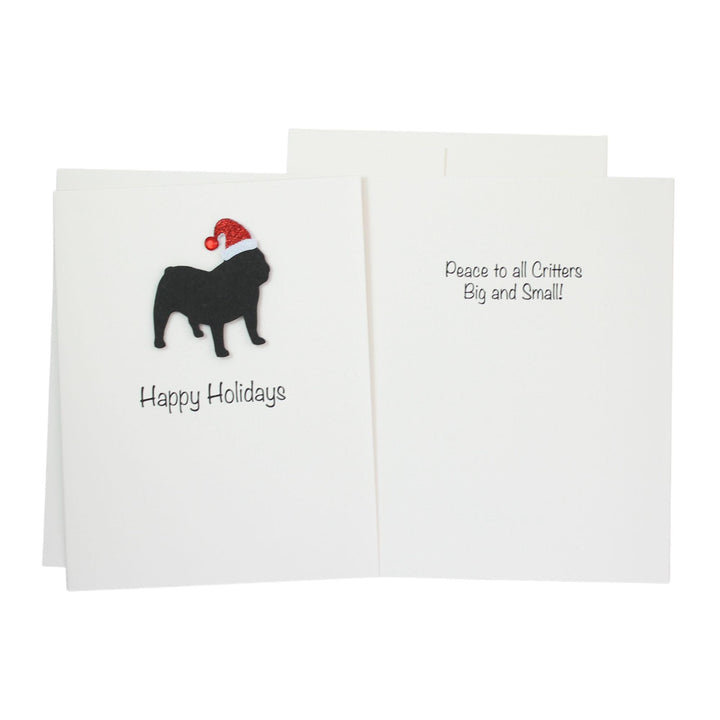 Bulldog English Christmas Cards Pack of 10 White Base | Handmade Dog Holiday Notecard Set | Sparkly Santa Hat Greeting Boxed Set