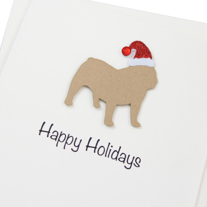 Bulldog English Christmas Cards Pack of 10 White Base | Handmade Dog Holiday Notecard Set | Sparkly Santa Hat Greeting Boxed Set