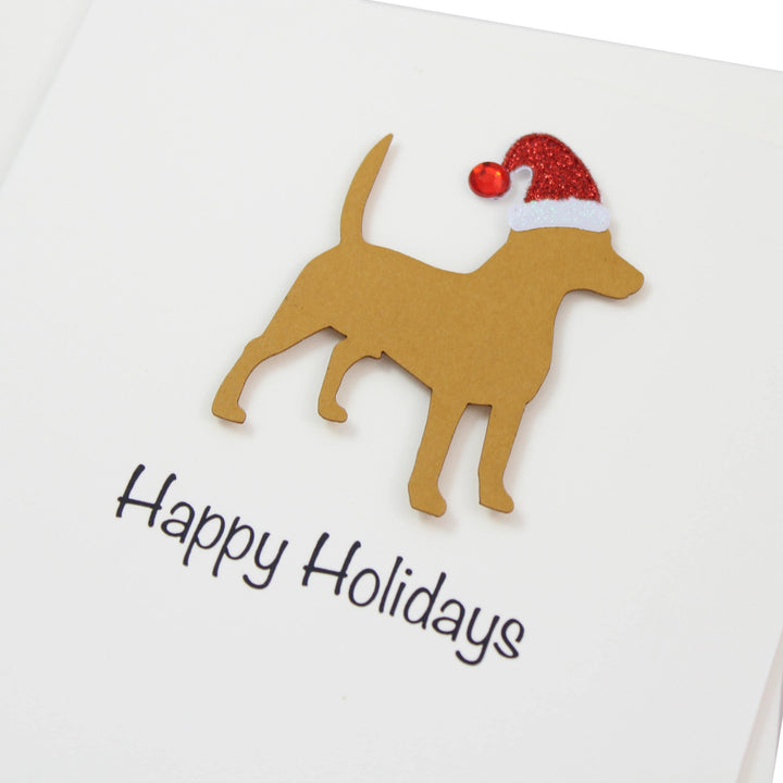 Beagle Christmas Cards Pack of 10 White Base | Handmade Dog Holiday Notecard Set | Sparkly Santa Hat Greeting Boxed Set