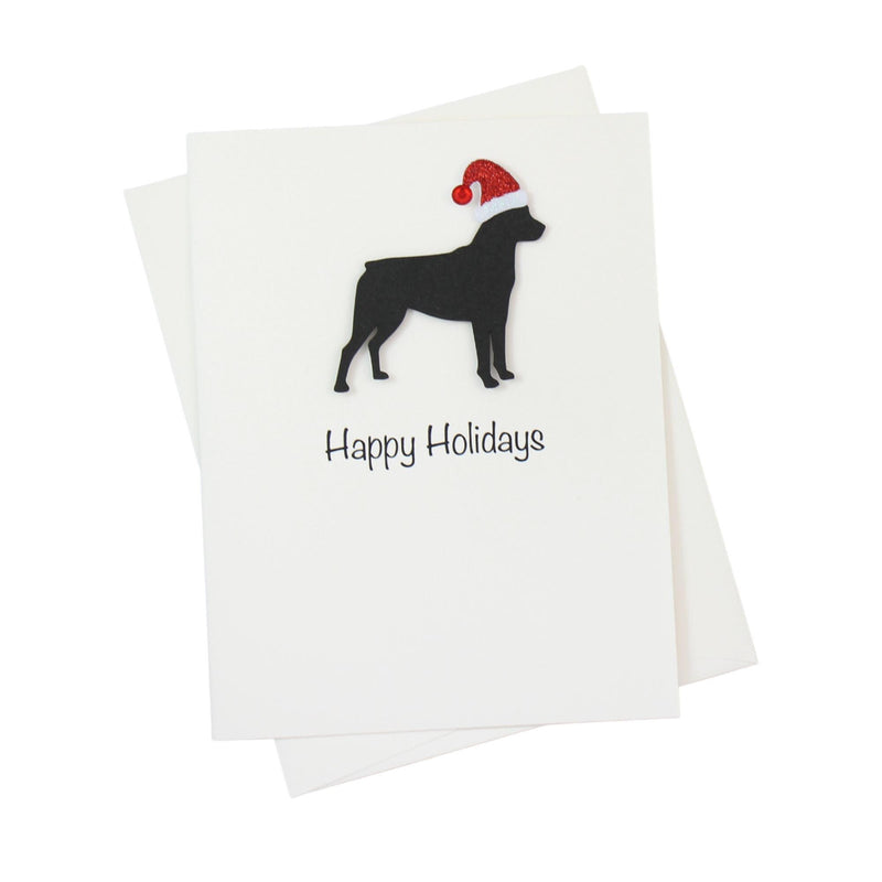 Black Rottweiler Sporting Clip Christmas Cards Pack of 10 White Base | Handmade Dog Holiday Notecard Set | Sparkly Santa Hat Greeting