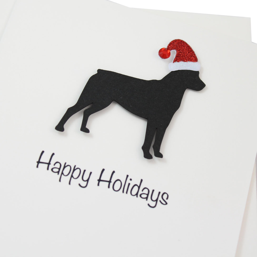 Black Rottweiler Sporting Clip Christmas Cards Pack of 10 White Base | Handmade Dog Holiday Notecard Set | Sparkly Santa Hat Greeting