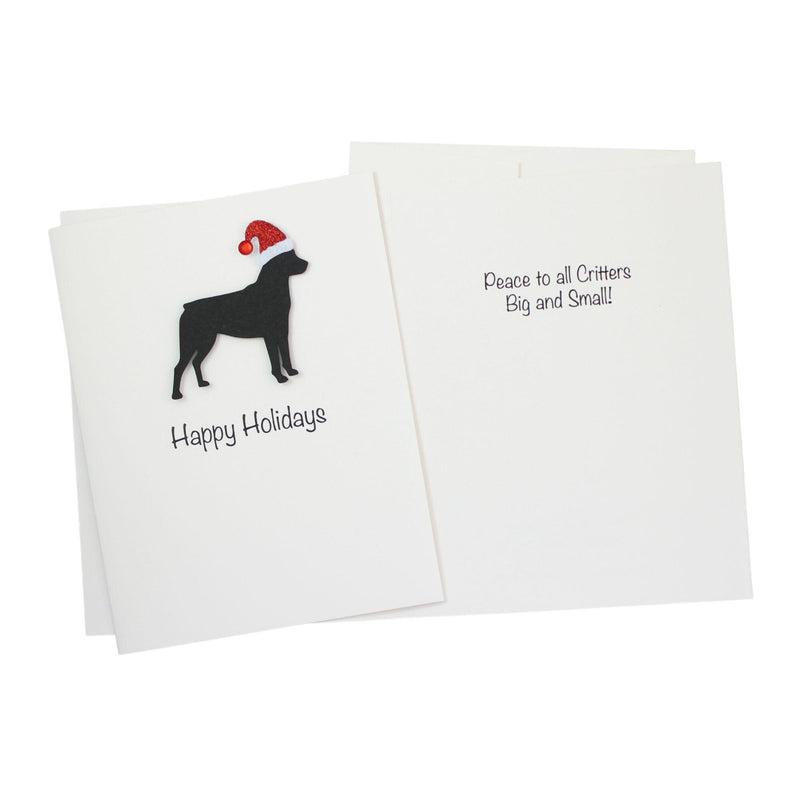 Black Rottweiler Sporting Clip Christmas Cards Pack of 10 White Base | Handmade Dog Holiday Notecard Set | Sparkly Santa Hat Greeting