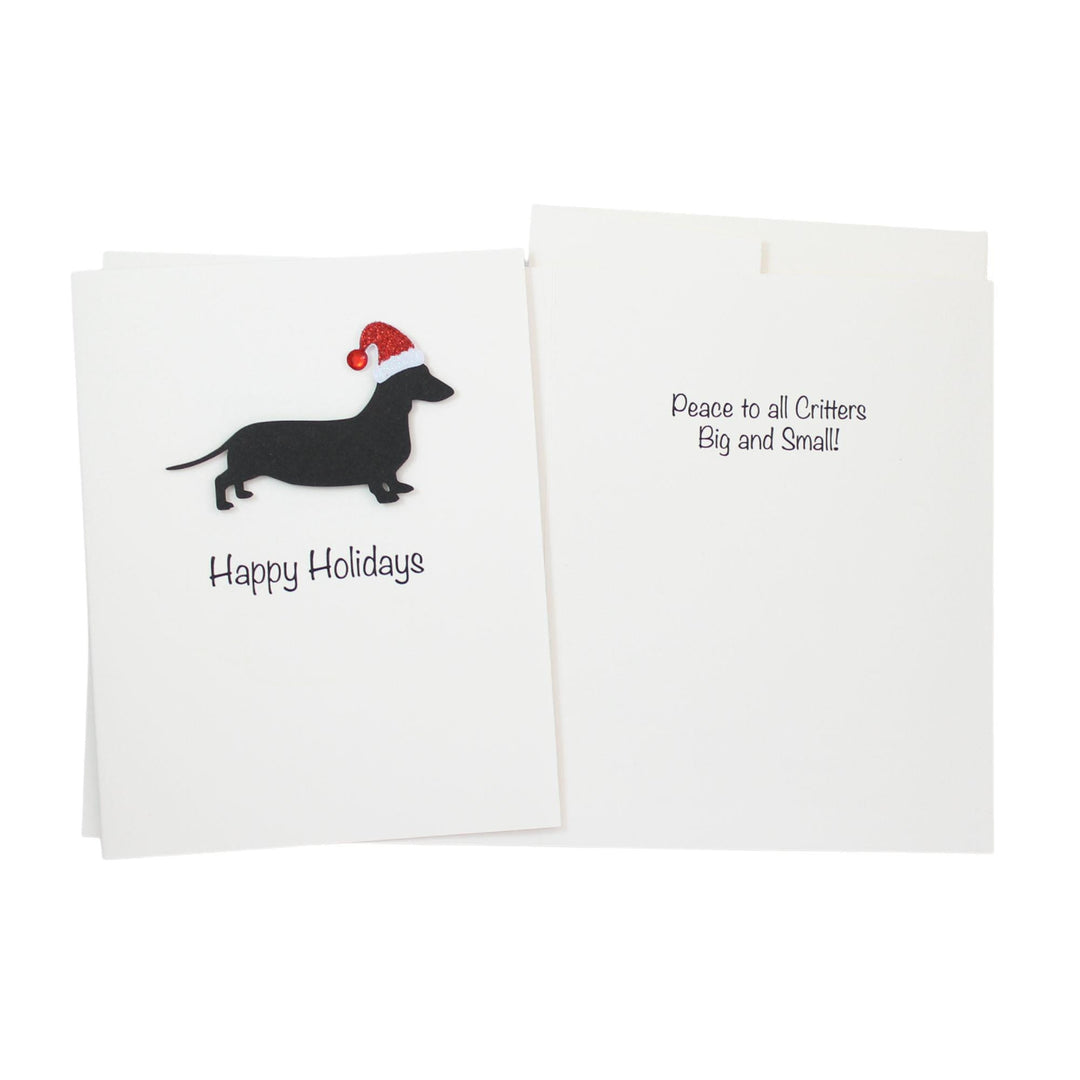 Black Smooth Dachshund Sporting Clip Christmas Cards Pack of 10 White Base | Handmade Dog Holiday Notecard Set | Sparkly Santa Hat Greeting