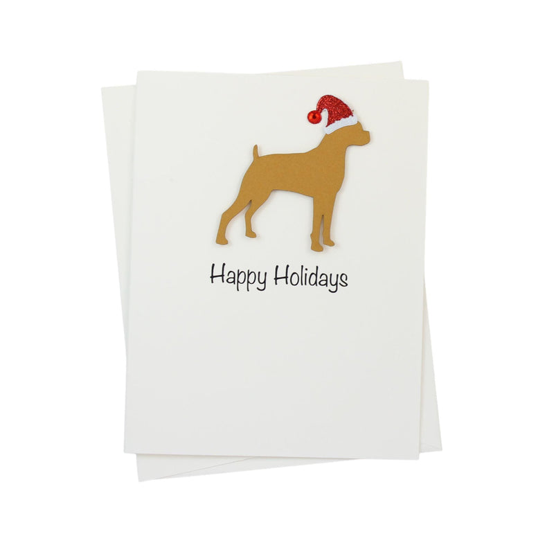 Boxer Christmas Cards Pack of 10 White Base | Handmade Dog Holiday Notecard Set | Sparkly Santa Hat Greeting Boxed Set Greeting Stationary