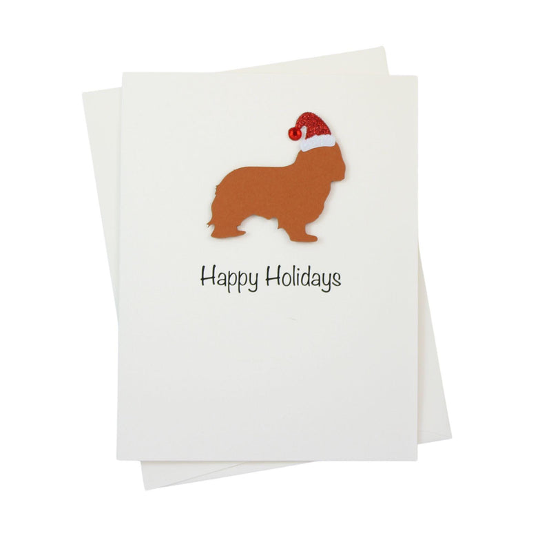 Cavalier King Charles Spaniel Christmas Cards Pack of 10 White Base | Handmade Dog Holiday Notecard Set | Sparkly Santa Hat Greeting Boxed