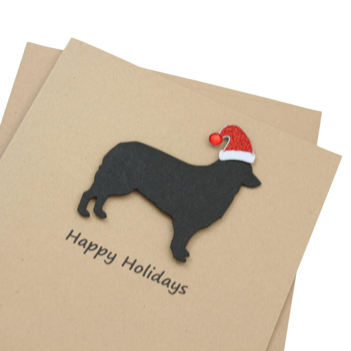 Border Collie Christmas Greeting Cards Pack of 10 | Handmade Black Dog Holiday Boxed Set | Sparkly Santa Hat Kraft Brown Envelopes