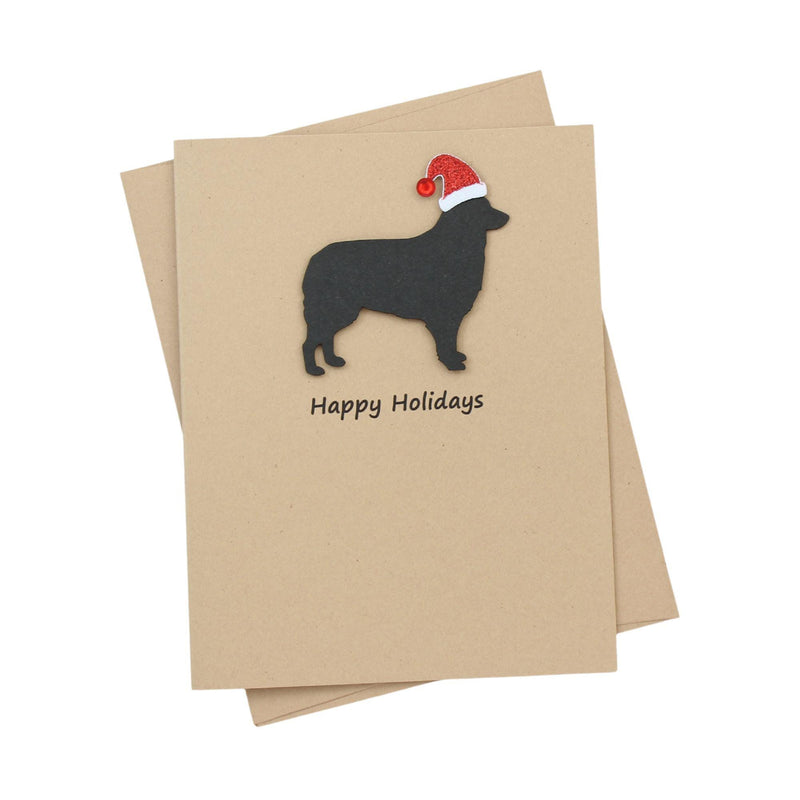 Border Collie Christmas Greeting Cards Pack of 10 | Handmade Black Dog Holiday Boxed Set | Sparkly Santa Hat Kraft Brown Envelopes