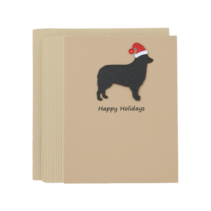 Border Collie Christmas Greeting Cards Pack of 10 | Handmade Black Dog Holiday Boxed Set | Sparkly Santa Hat Kraft Brown Envelopes