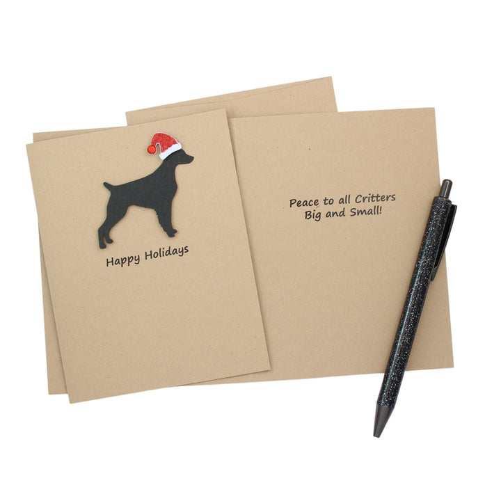 Brittany Christmas Cards Pack of 10 | Pet Holiday Notecards | Black White Dog Greeting with Santa hat | Kraft Brown