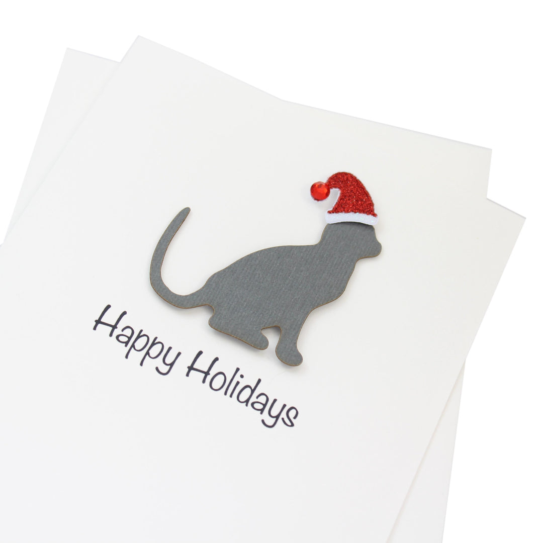 Gray Cat Christmas Cards Pack of 10 White Base | Handmade Kitty Holiday Notecard Set | Sparkly Santa Hat Pet Greeting with Envelopes