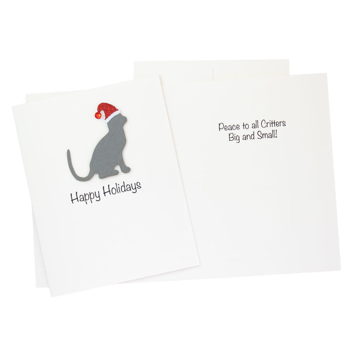 Gray Cat Christmas Cards Pack of 10 White Base | Handmade Kitty Holiday Notecard Set | Sparkly Santa Hat Pet Greeting with Envelopes