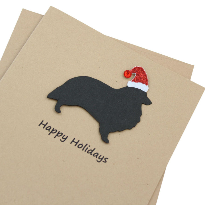 Shetland Sheepdog Christmas Cards Pack of 10 | Handmade Black Dog Silhouette Holiday Sheltie | Sparkly Santa Hat Pet Notecards Kraft Brown