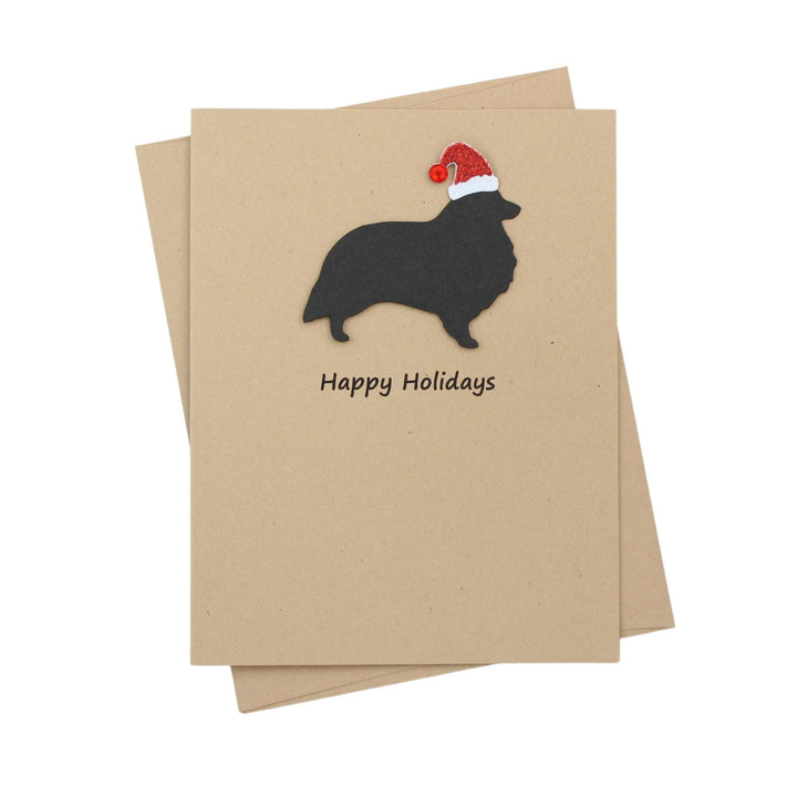 Shetland Sheepdog Christmas Cards Pack of 10 | Handmade Black Dog Silhouette Holiday Sheltie | Sparkly Santa Hat Pet Notecards Kraft Brown