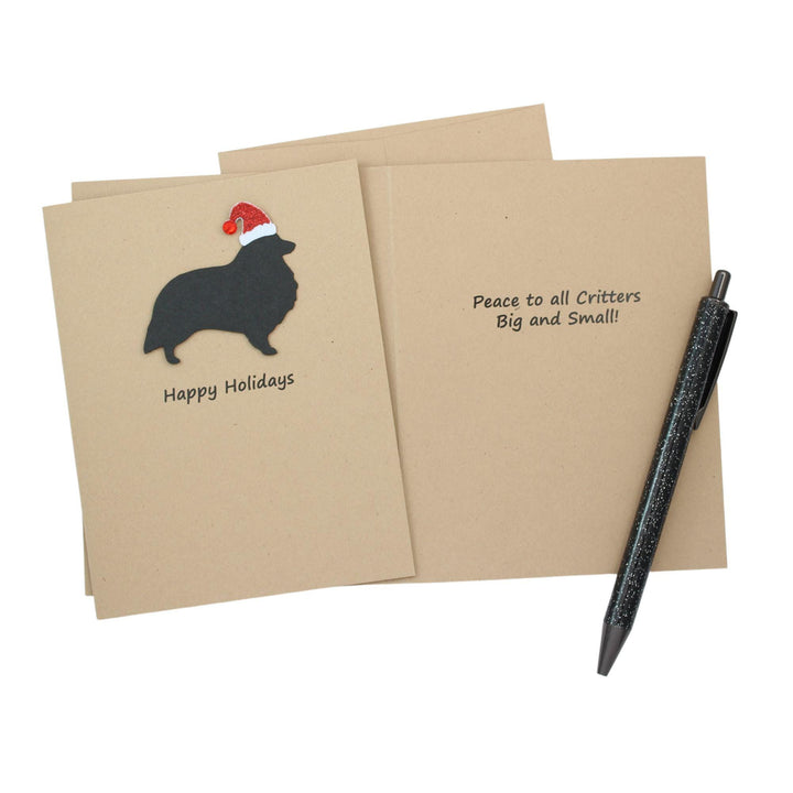 Shetland Sheepdog Christmas Cards Pack of 10 | Handmade Black Dog Silhouette Holiday Sheltie | Sparkly Santa Hat Pet Notecards Kraft Brown