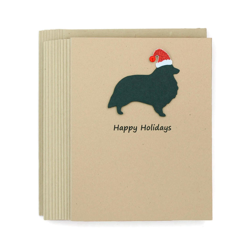 Shetland Sheepdog Christmas Cards Pack of 10 | Handmade Black Dog Silhouette Holiday Sheltie | Sparkly Santa Hat Pet Notecards Kraft Brown