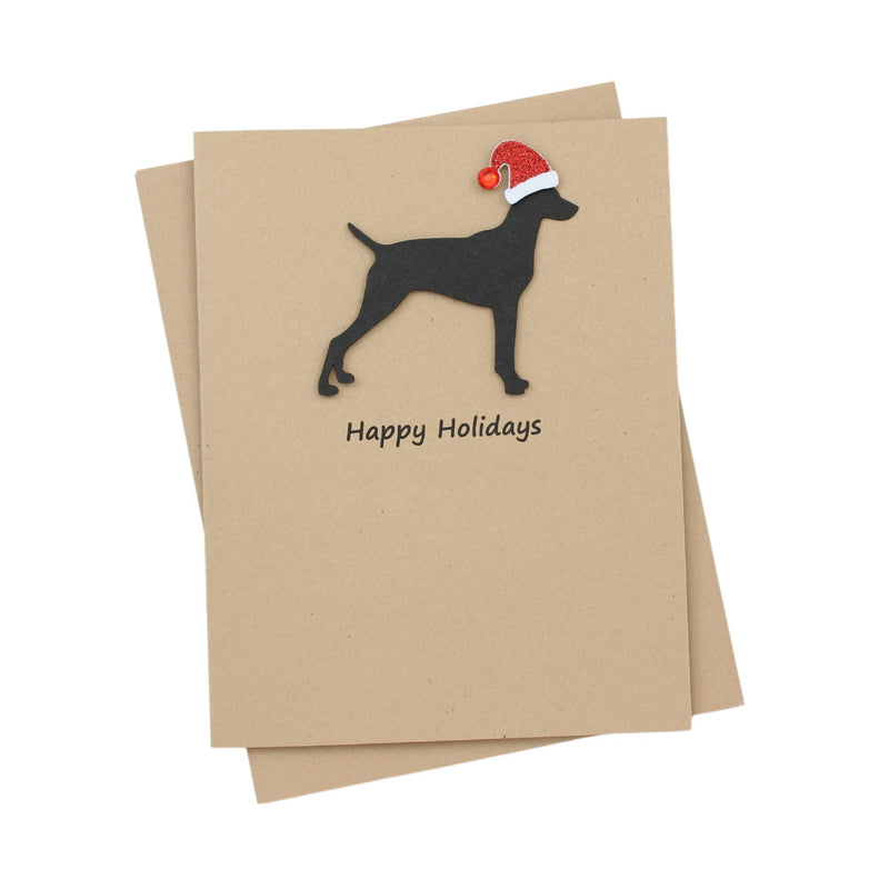 Vizsla Christmas Cards Pack of 10 | Handmade Black Dog Silhouette Holiday | Sparkly Santa Hat Pet Notecards Kraft Brown