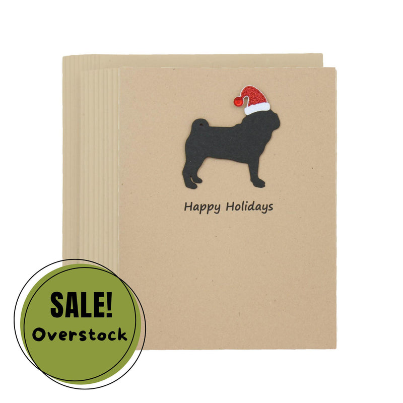 Pug Christmas Cards Pack of 10 | Handmade Black Dog Silhouette Holiday | Sparkly Santa Hat Pet Notecards Kraft Brown