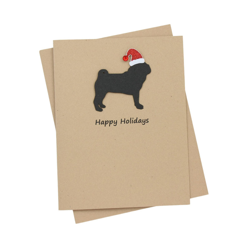 Pug Christmas Cards Pack of 10 | Handmade Black Dog Silhouette Holiday | Sparkly Santa Hat Pet Notecards Kraft Brown